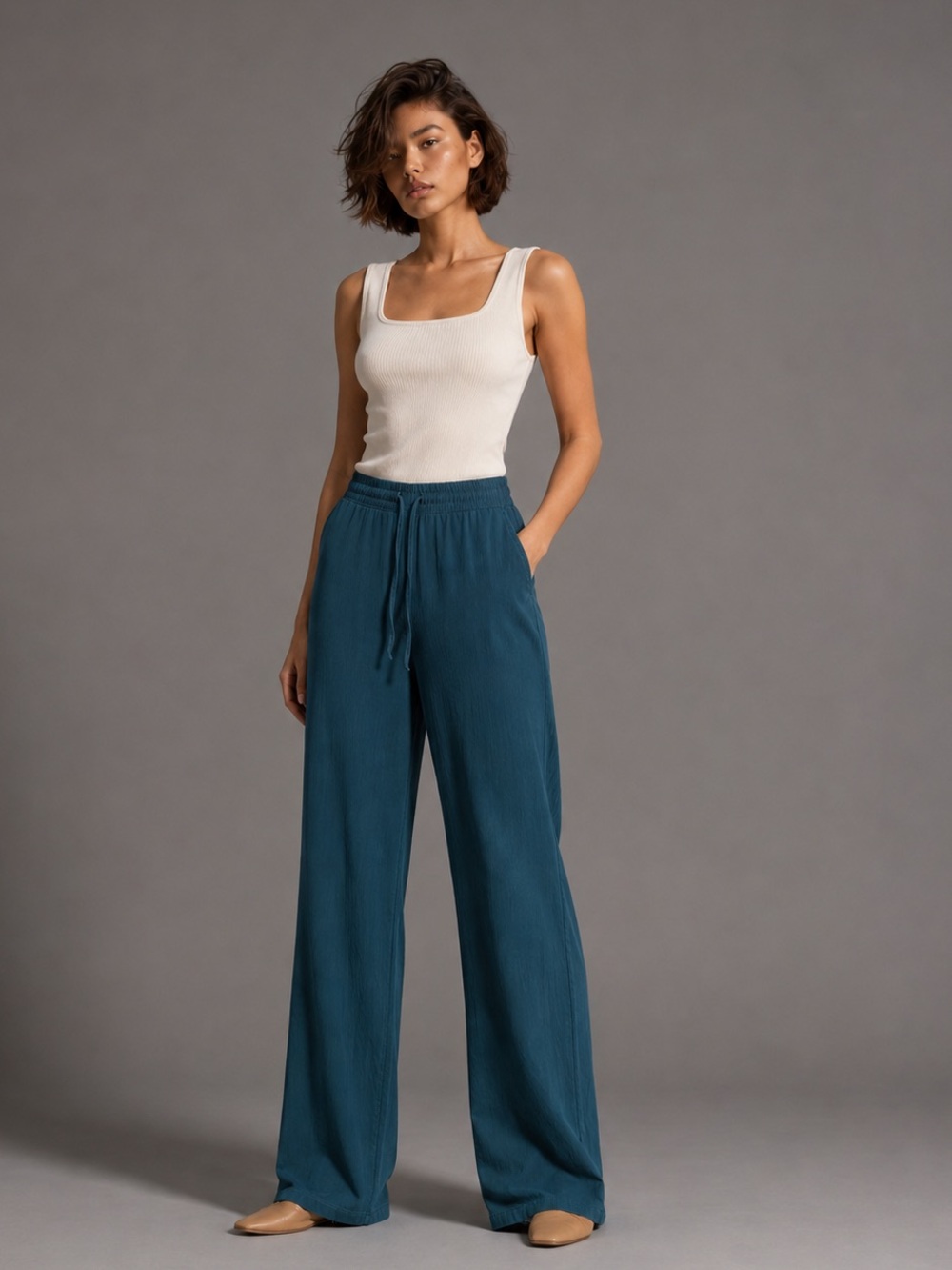 French Laundry Teal Crinkle Wide Leg Pull-On Pants M